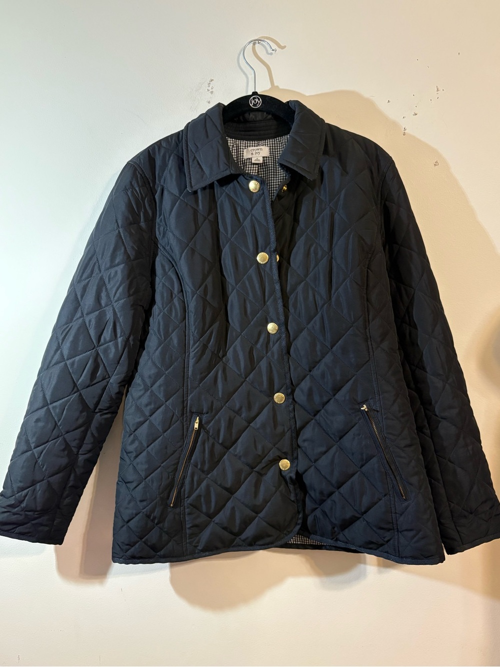 Crown & Ivy quilted barn jacket women’s Small classic black gold snap button